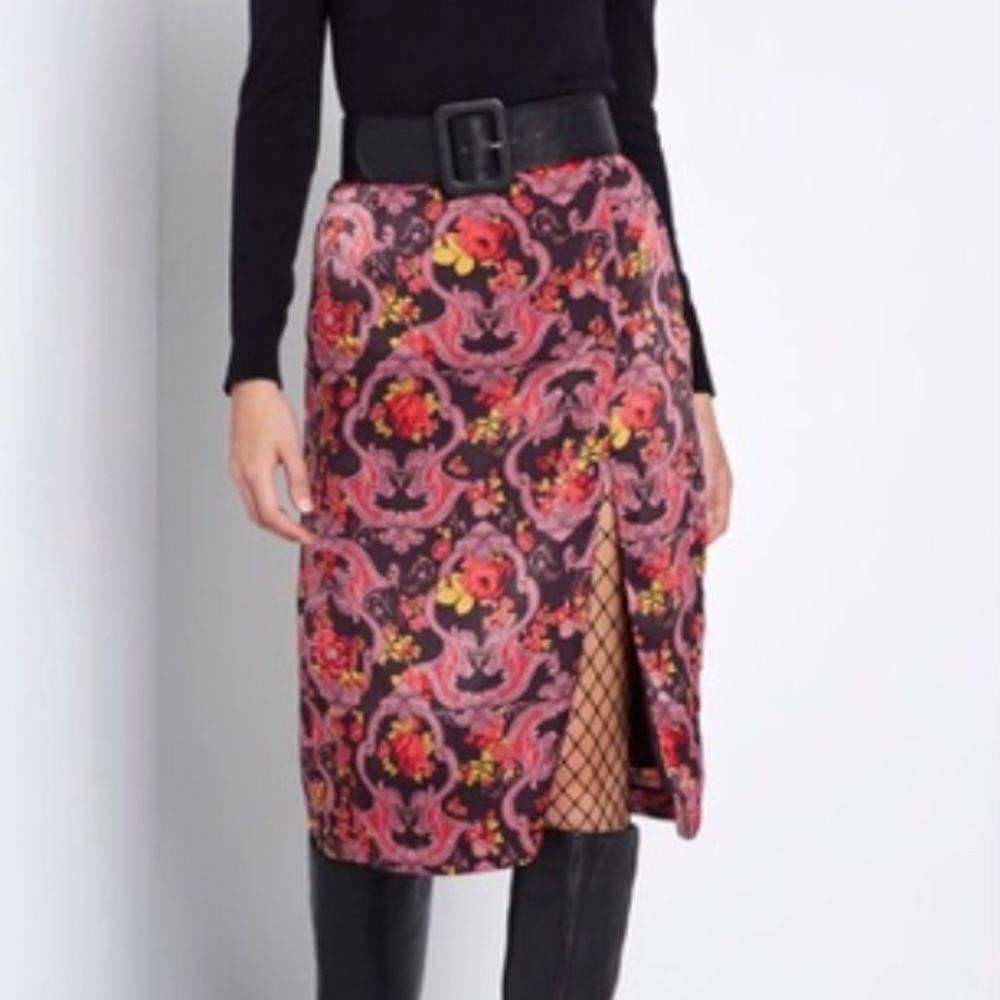 Modcloth Pink and Black Floral Pencil Skirt